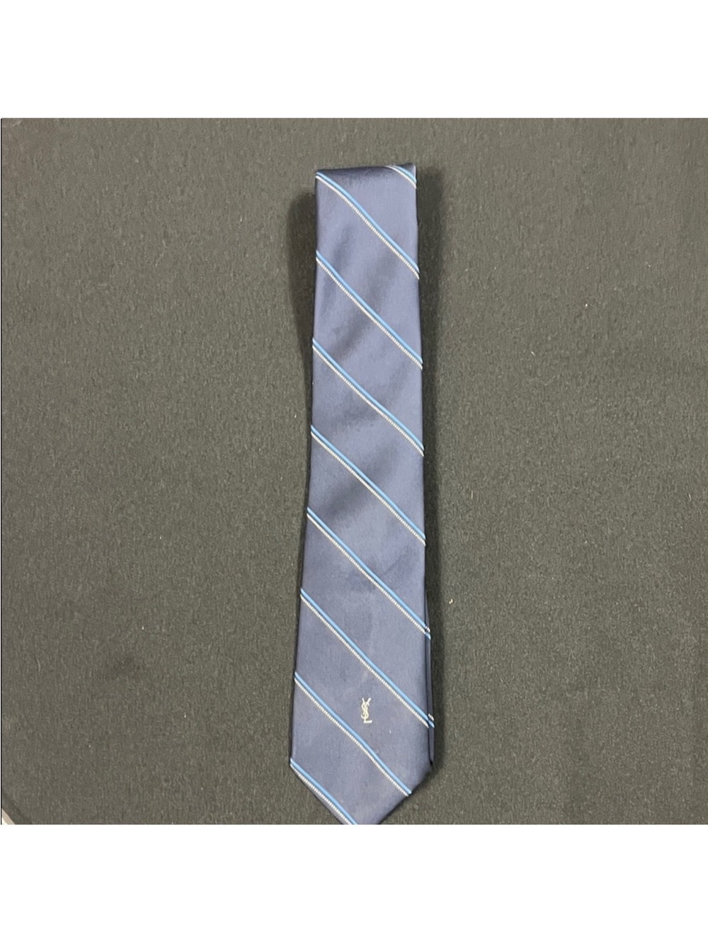 Vintage Yves Saint Laurent Navy Blue Silk Tie with Light Blue & White Stripes